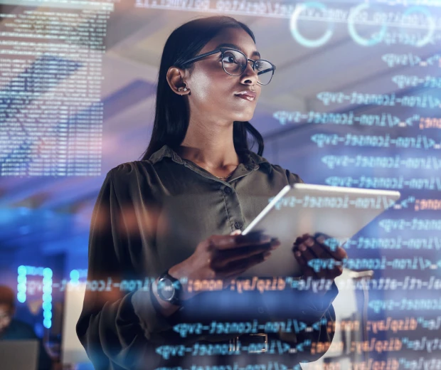 Mulher mexendo no tablet com símbolos tecnológicos flutuando ADS ON meta and google​ Traffic management Meta Ads Google Ads paid traffic campaigns traffic strategies